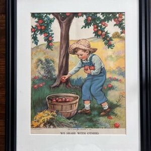 Charming Vintage Art Print with Boy and Apple Tree 21”x 18”
